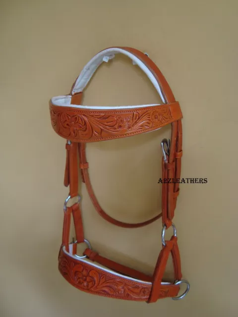 Tan color sidepull bitless bridle with designer hand carving on Brow & Noseband.