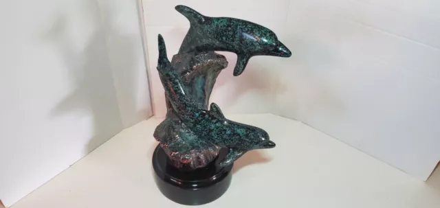 Dolphins Coral Sculpture Artist Signed Donjo 2000 Copper 13”