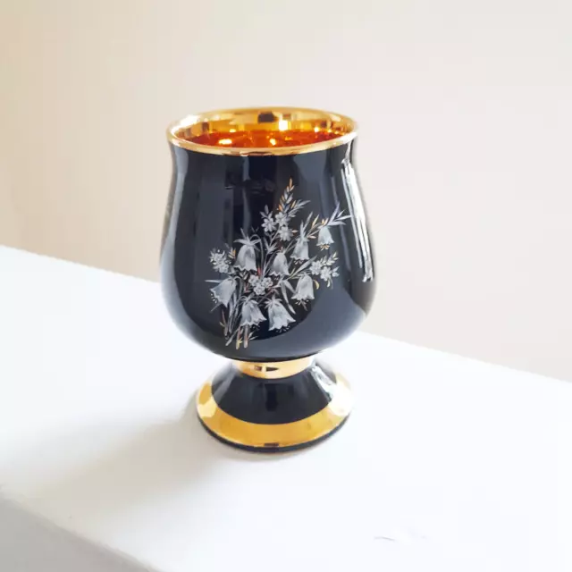 70's Vintage Prinknash Pottery Goblet / Wine Glass - Black, Gold, Floral Detail