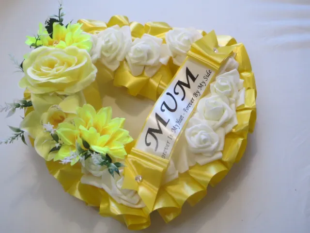 Personalised Artificial Silk Flower Funeral Grave Wreath-Yellow&White Mum,Wife
