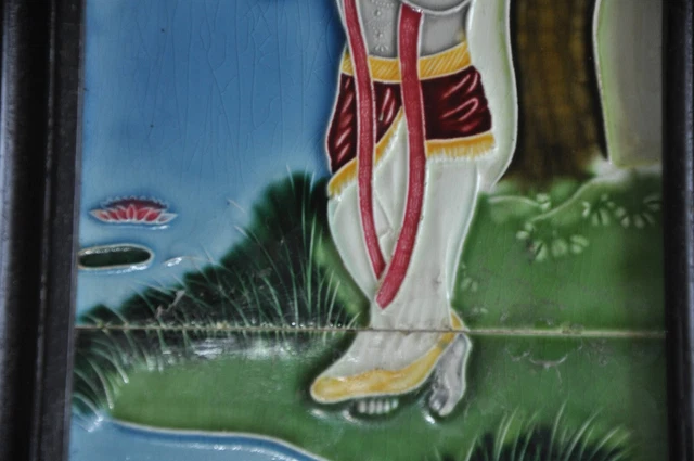 Vintage Framed Lord Krishna Colorful Embossed Ceramic Tile, Japan 3