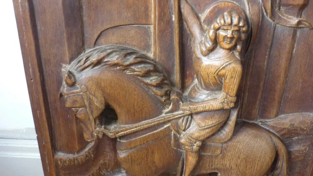 Antique French Large Deep Carved Architectural Panel Door Oak st joan of arc 2