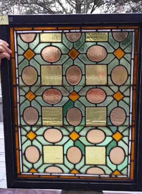 Antique STAINED Leaded WINDOW (Geometric Design) 34 " by 27.5"  (A)