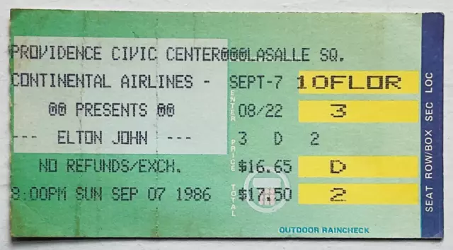 Biglietto concerto originale usato Elton John Providence Civic Center 7 settembre 1986