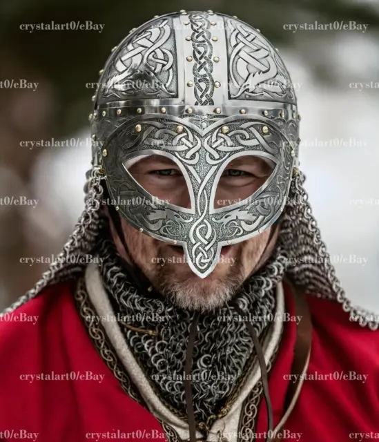 Medieval Viking Helmet Armor Vendel Steel Etched Helmet with Chainmail Viking