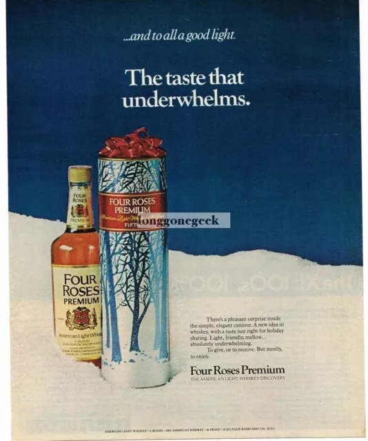 1972 Four Roses Premium American Light Whiskey Snow Vintage Ad