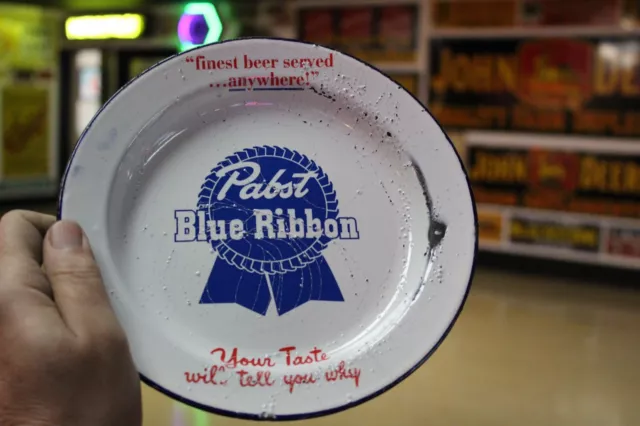 RARE 1950s PBR PABST BLUE RIBBON FINEST BEER ENAMELWARE PORCELAIN ASHTRAY SIGN