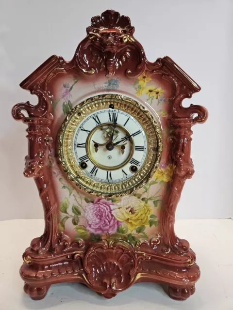 ANSONIA "La Tosca" Royal Bonn Victorian Open Escapement Porcelain Mantel Clock