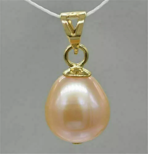 AAA 12-10 mm  drop natural south sea  pink pearl pendant necklace 14k Gold