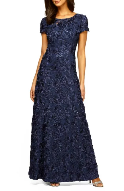 Alex Evenings Embellished Lace A-Line Gown, Size 12 14 in Navy