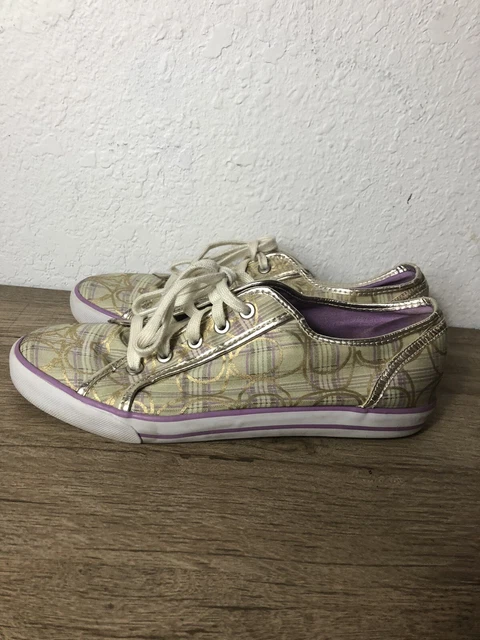 Coach Womens 9.5 Leatherware Dee Sneakers Plaid Purple Gold Logo Shoes