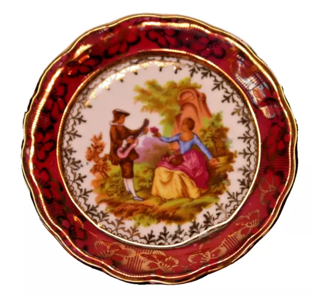 Signed Limoges Small 3.25" Plate Courting Couple Fragonard Red & Gold Tea Bag