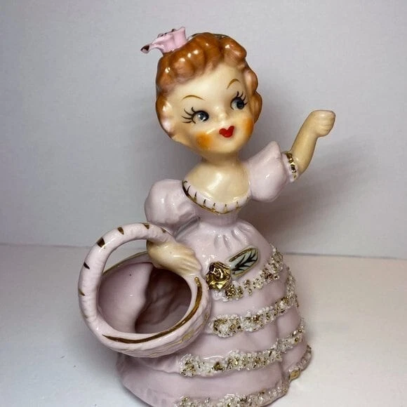 Vintage Ucagco Japan Porcelain Girl Pink Dress and Basket Missing parasol *read*
