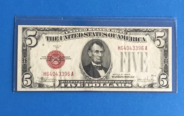 1928 E $5 FIVE DOLLAR UNITED STATES  BANKNOTE  RED SEAL  VF++ ON SALE!!  (c222a)
