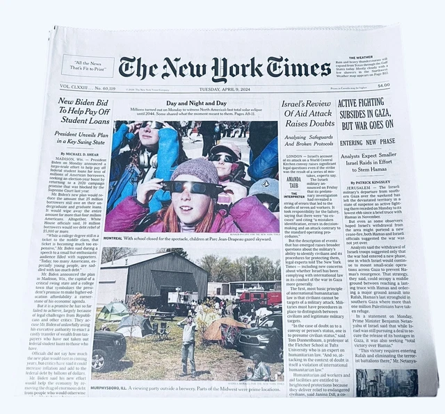 NEW YORK TIMES Newspaper April 9 2024 N America Total Solar Eclipse