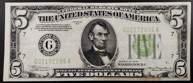 Series of 1934 $5 Federal Reserve Note, Chicago! Light green seal! No pinholes!