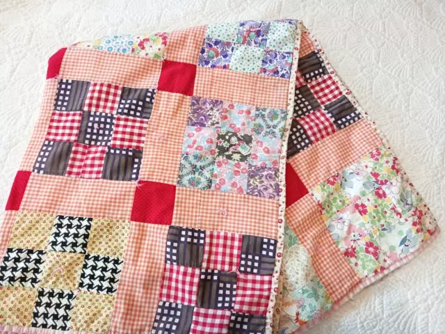 Vtg Homemade Crib or Baby Scrappy Tied Patchwork Quilt 36x46" Cute Prints Gingha