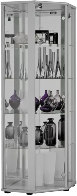 K-Möbel Eckvitrine mit Spiegel, Schloss und LED in Alu/Silber (176x56,5x56,5 cm)