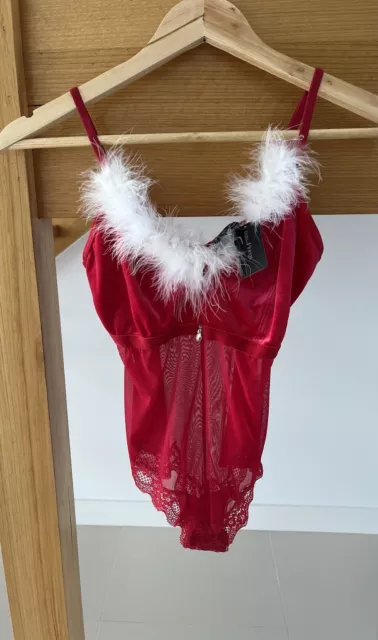 BRAS N THINGS “Miss Claus” Sexy Red  Bodysuit Removable Down Sz 10 BNWT