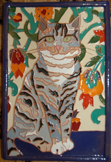 large Arts and Crafts Deco style CAT tile #2- Great Holiday/Christmas gift