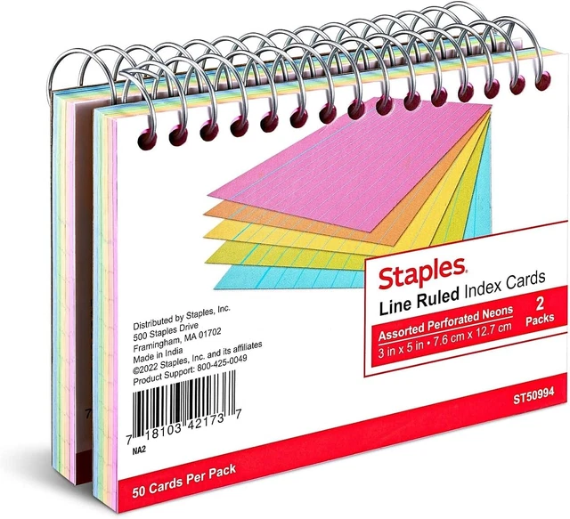 STAPLES LINE RULED Assorted Neon SpiralBound Index Cards 2/Pk (50994