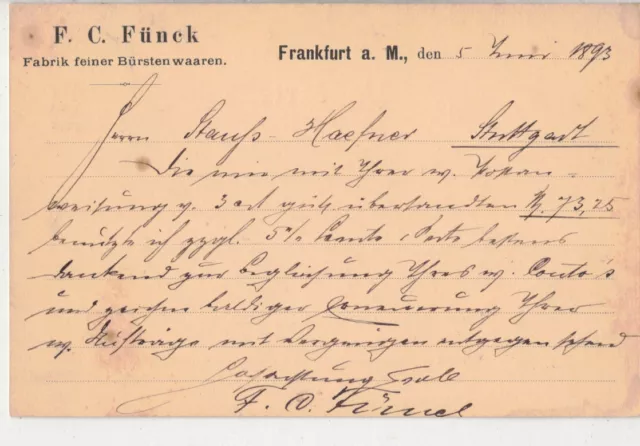 DR Ganzsache P 30 - Frankfurt Main n Stuttgart - o 1893 - PP F. C. Fünck Bürsten