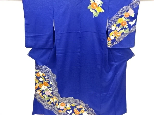 44562# Japanese Kimono / Antique Kimono / Embroidery / Kiku & Butterflies