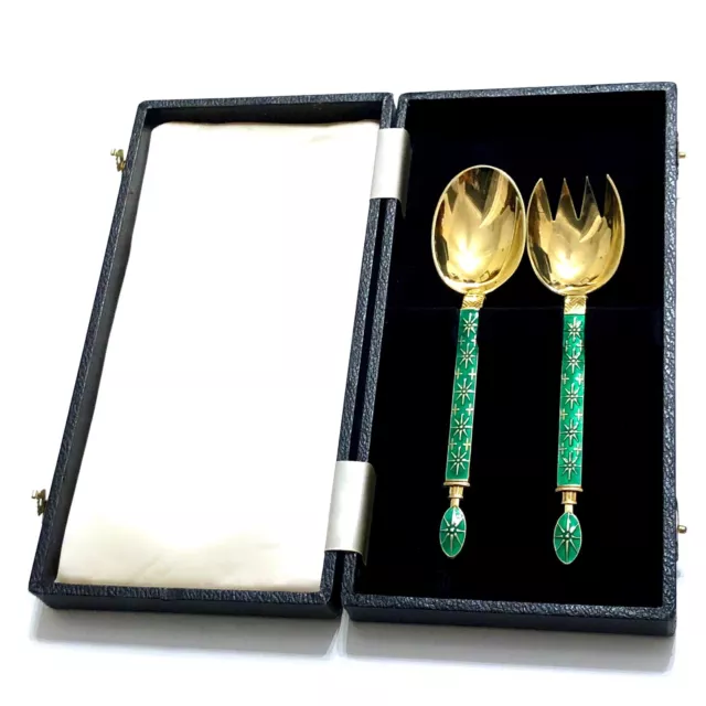 J. Tostrup Norway Vintage Sterling Silver Salad Serving Set Spoon Fork Enamel