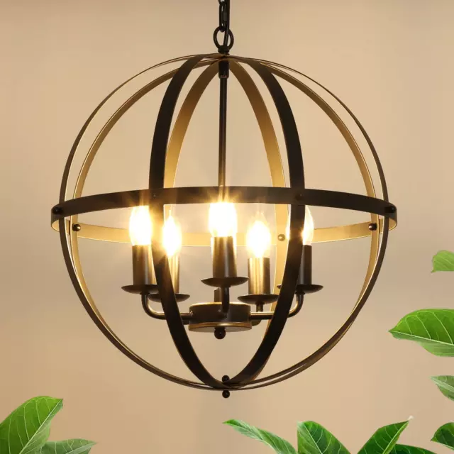 Flexible Chandelier Hanging, Rustic 5 Light Ceiling Pendant Lamp, Black and Gold