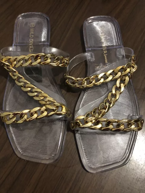 New Wild Diva Lounge Clear  Plastic Jelly Flat sandals Size 9 Gold ChainBraided