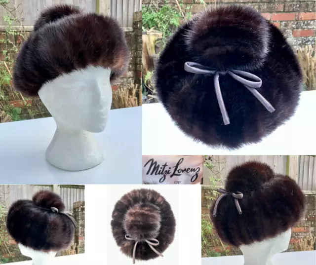 VINTAGE 60's MITZI LORENZ DARK BROWN Mink Real Fur Hat, Top BUN & BOW VGC (S/M)