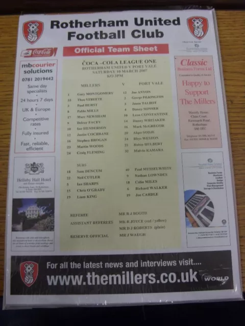 10/03/2007 Colour Teamsheet: Rotherham United v Port Vale [Black Headings]. Than