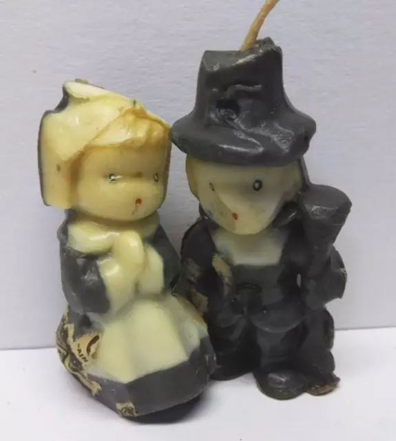 Vintage MCM 1950s Gurley Novelty Thanksgiving Pilgrims Boy Girl Wax Candles