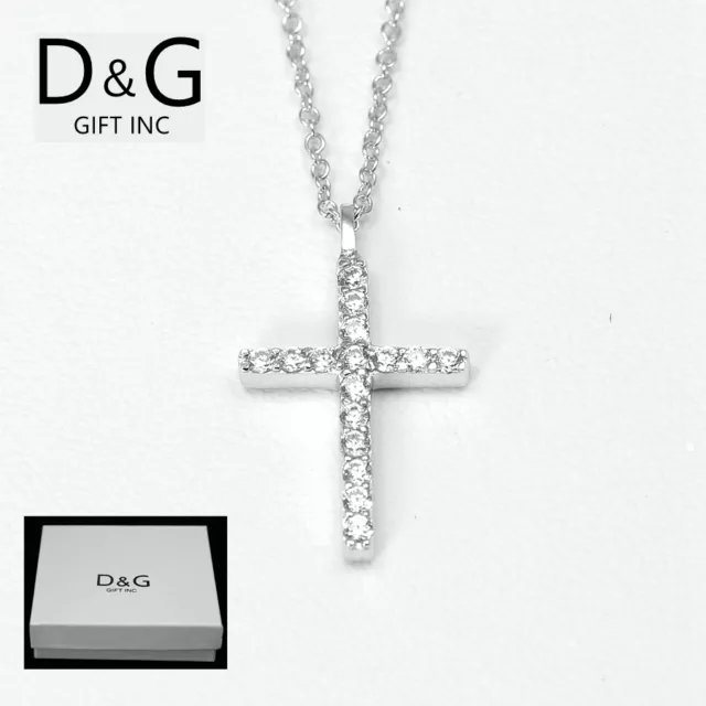 DG Women's 925 Sterling-Silver.CROSS CZ Pendant.16"-17"-18" Chain Necklace,,Box