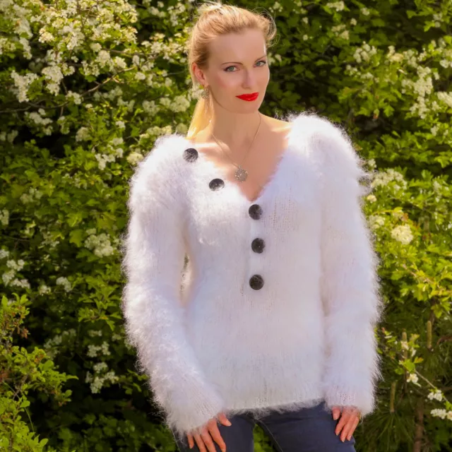 Fuzzy mohair sweater sexy top V neck jumper hand knit fluffy knitwear SUPERTANYA