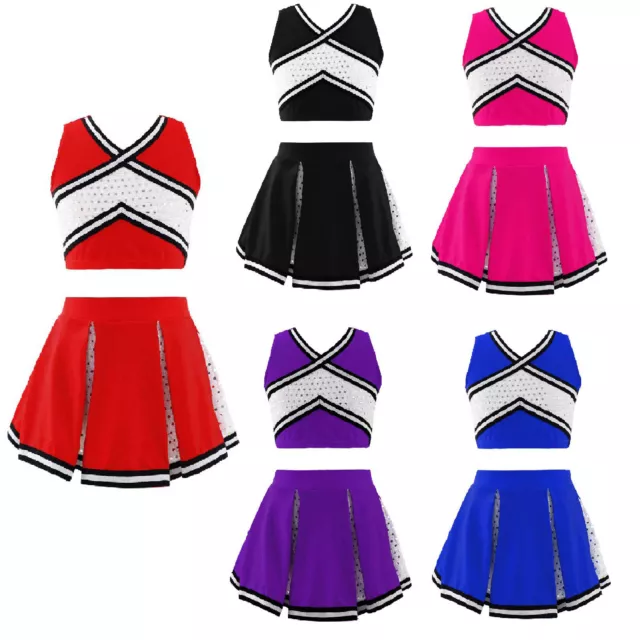UK Kids Girls Cheerleading Uniform Outfits Crop Top + Skirt Cheer Leader Costume