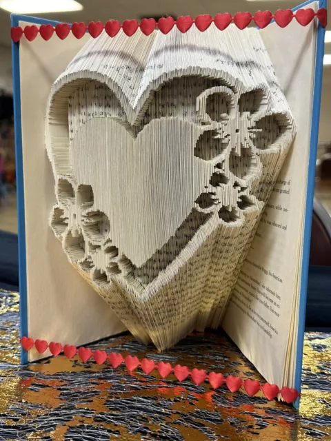 Handcrafted Folded Book Art 3D Sculptured HEART WITH FLOWERS Hard Cover Book