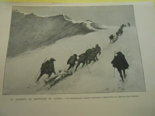 Gravure 1901 - Accident montagne en Savoie détachement d'alpins à Albertville