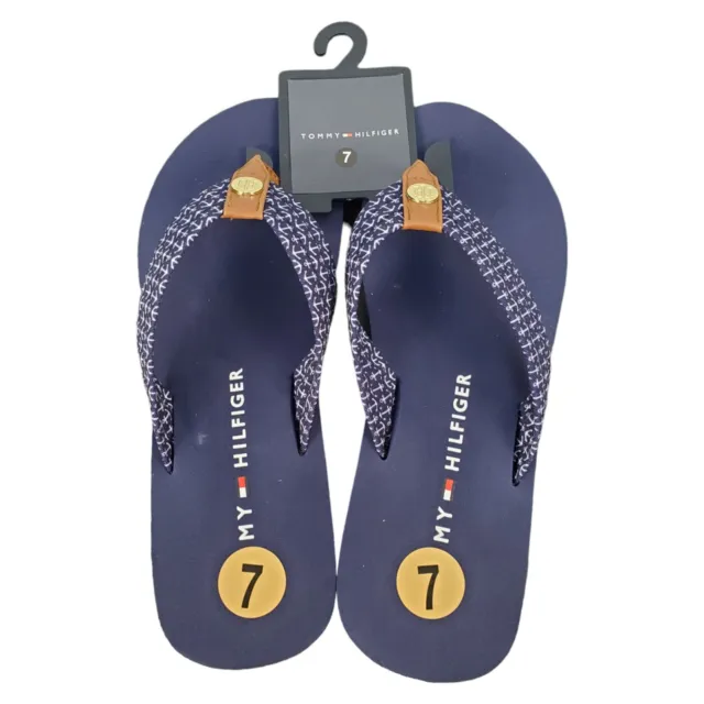 Tommy Hilfiger Flip Flops Sandals Women Size 7 Navy Flat Slip On Comfort TH Logo