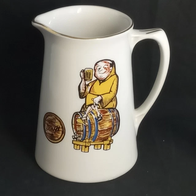 Vtg Marston's Bitter Draught Beer Ad Pitcher Monk Sitting on Beer Barrel England