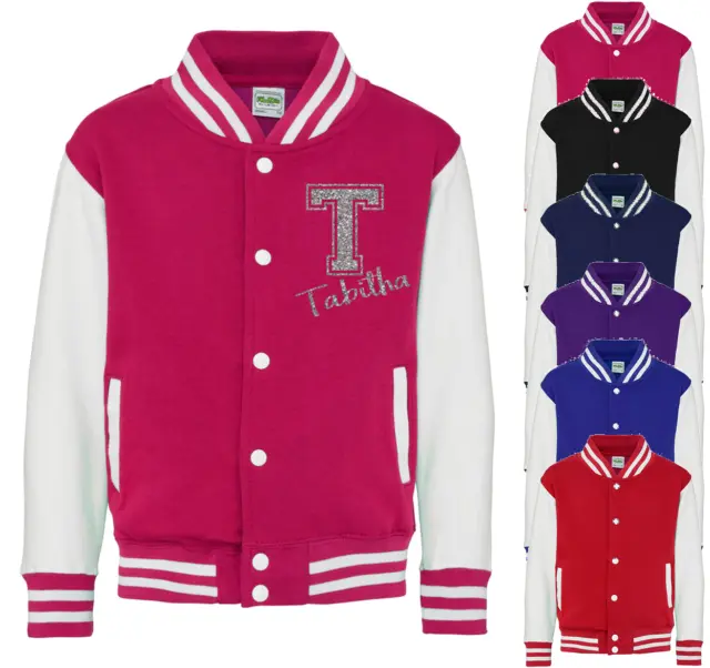Personalised Name and Initial Kids Varsity Jacket American Style Collage Glitter