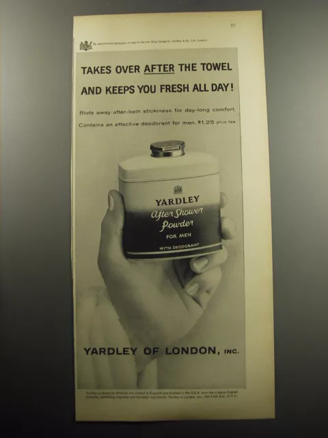 1957 Yardley After Shower Powder Advertisement - Takes over after the towel