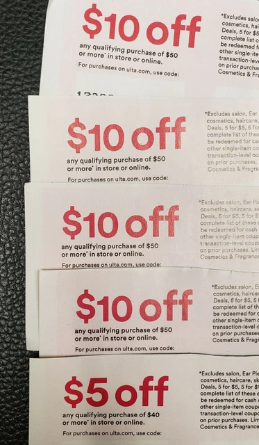(5) Ulta $10 off $50, $5 off $40, online, exp. 4/01