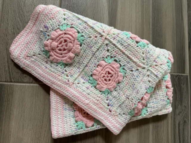 Handmade Knit Blanket Afghan Throw Granny Square 3D Rose Floral Crochet Nursery