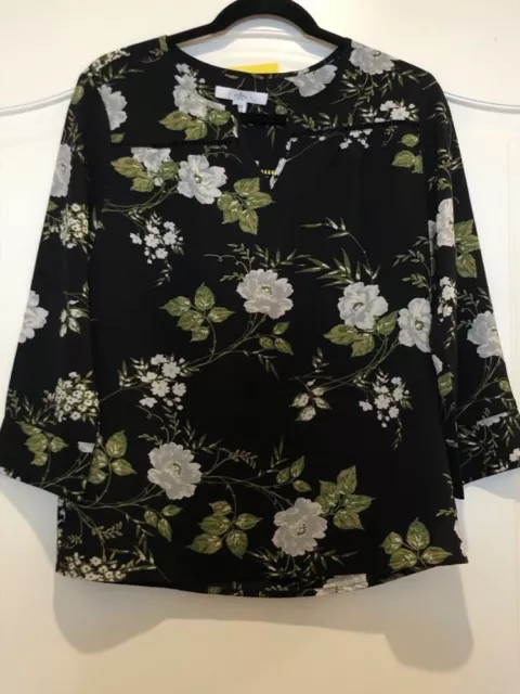 Fever Womens Blouse Top 3/4 Sleeve V-Neck(BLACK FLORAL,(S/CH) NWT