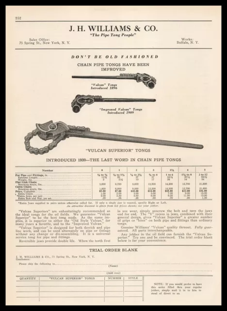 1931 J H Williams & Company Buffalo New York Vulcan Superior Pipe Tongs Print Ad