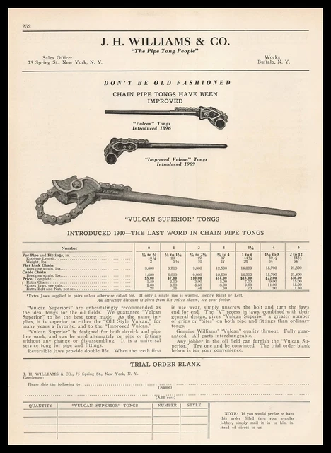 1931 J H Williams & Company Buffalo New York Vulcan Superior Pipe Tongs Print Ad