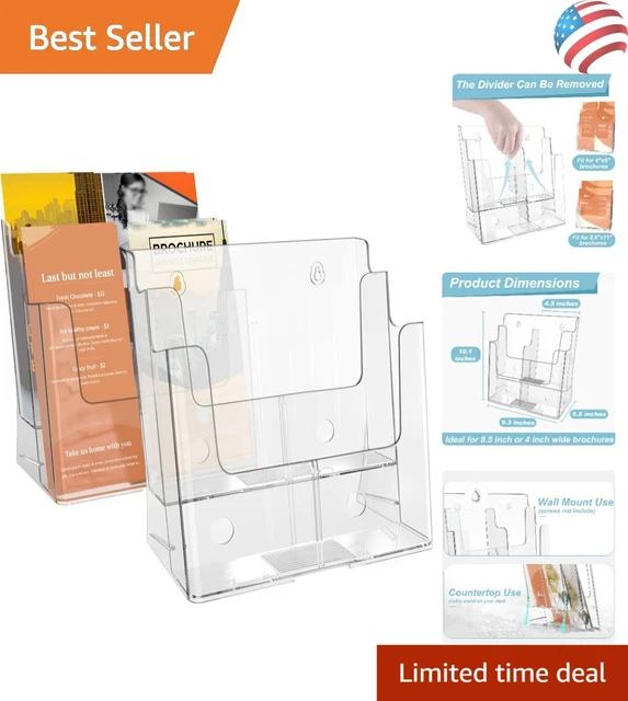 Acrylic Pamphlet Holder - Removable Divider - Clear - Wall Mount or Countertop