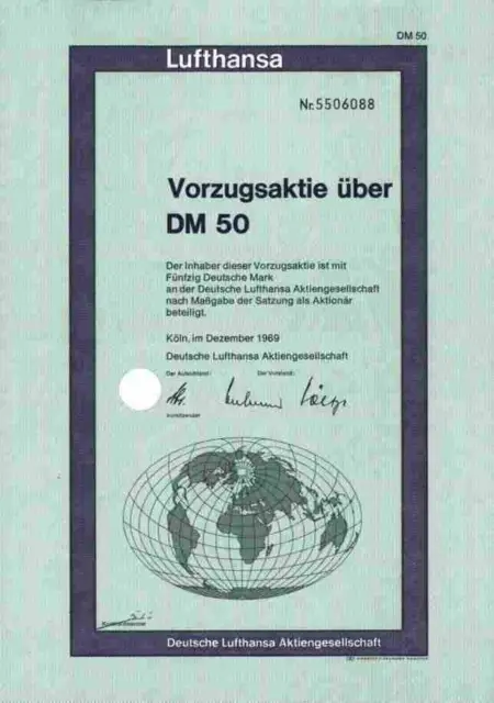 Deutsche Lufthansa AG 1969 Köln Berlin Kranich Rare 50 DM Vorzugsaktie Weltkugel