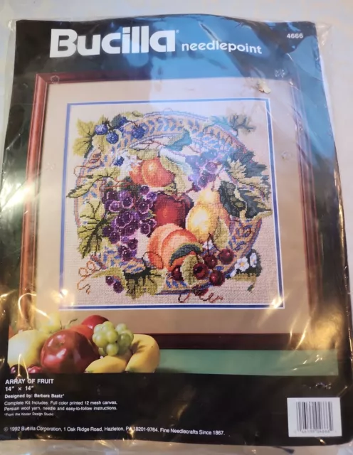 Bucilla Array of Fruit Grapes Pear Fruits Needlepoint Kit 1992 14x14 Sealed